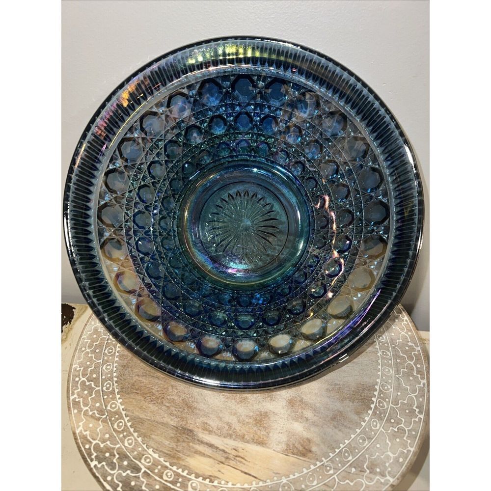 Vtg 1970s Iridescent Indiana Carnival Glass Teal Blue and Amethyst Purple Compot